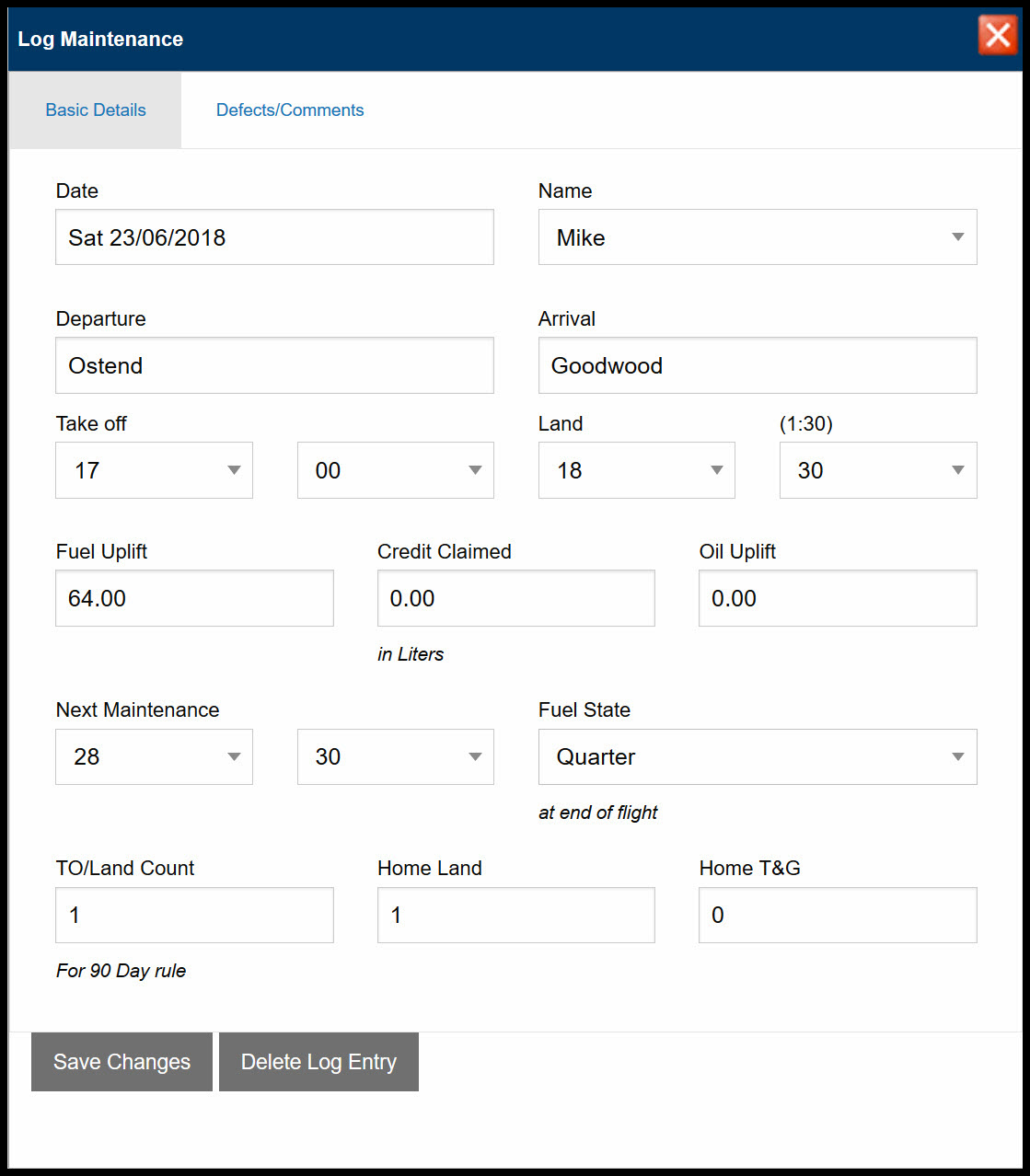 Log Maintenance opened on the Basic Tab